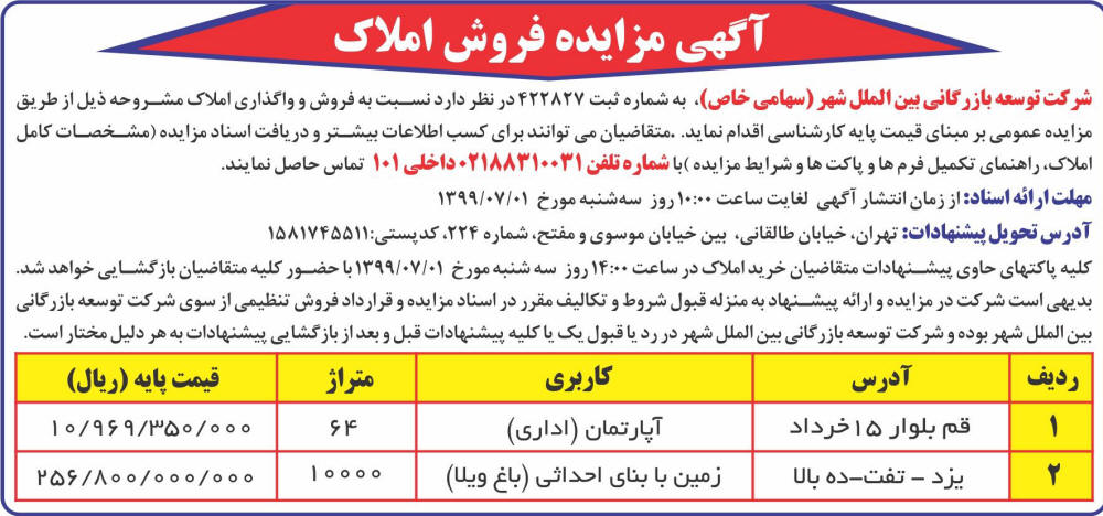 آگهی مزایده املاک شرکت سهامی خاص در روزنامه دنیای اقتصاد