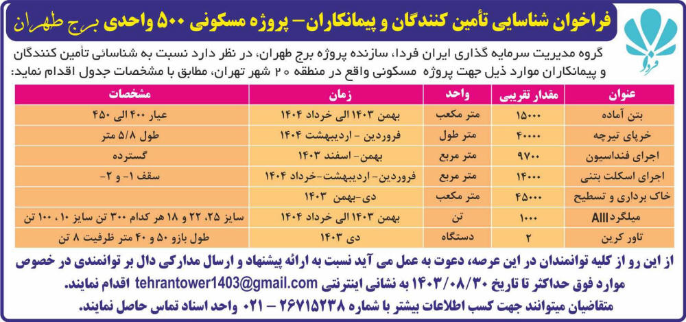 روزنامه ایران - آگهی فراخوان شناسایی تامین کنندگان و پیمانکاران