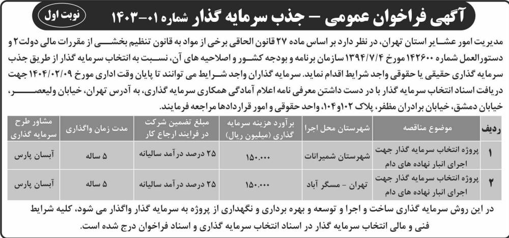 روزنامه شرق - نوبت اول آگهی فراخوان عمومی جذب سرمایه گذار