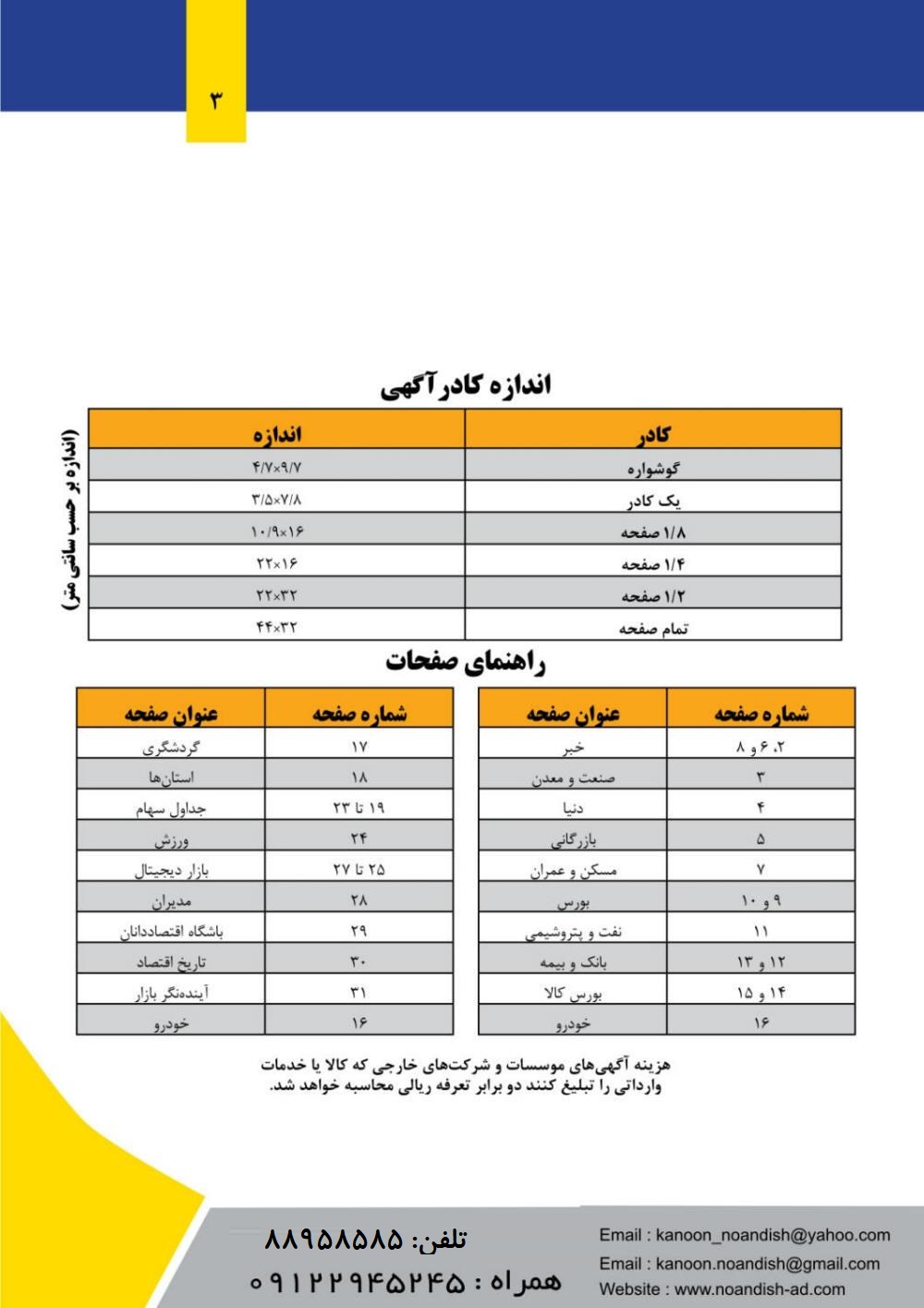 نرخ آگهی روزنامه دنیای اقتصاد