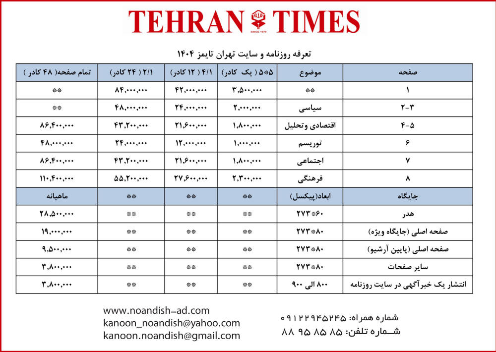 تعرفه چاپ آگهی در روزنامه تهران تایمز
